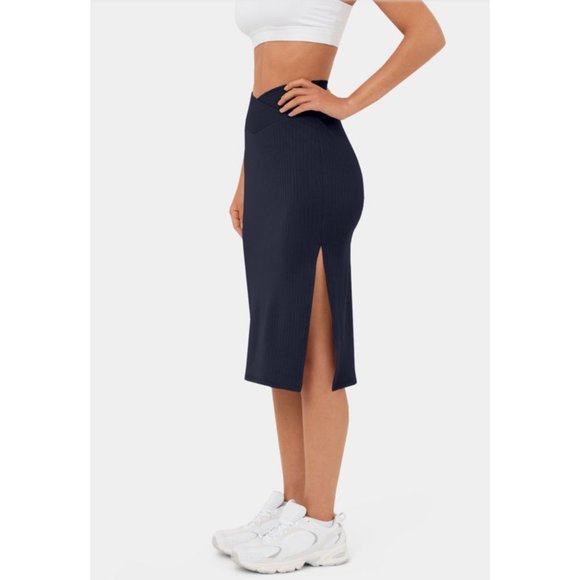 HALARA Dresses & Skirts - New Halara Ribbed Knit High Waisted Crossover Midi Skirt Sz S Womens Navy Blue S